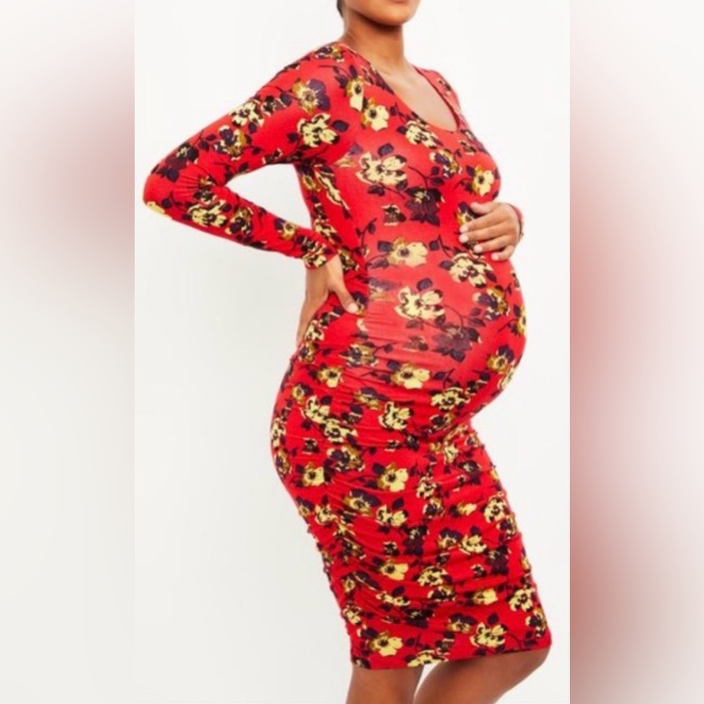 A Pea In The Pod Maternity Ruched Red Floral Midi Dress M